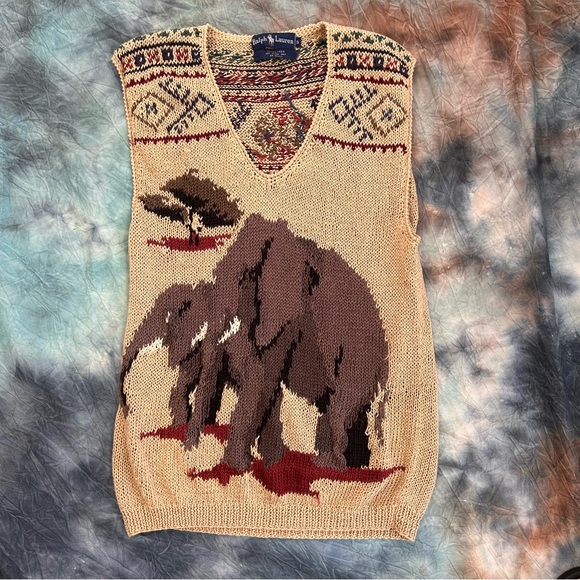 Ralph Lauren Sweaters - Vintage 1990s Ralph Lauren Safari Collection Sweater Vest with Elephant Motif S